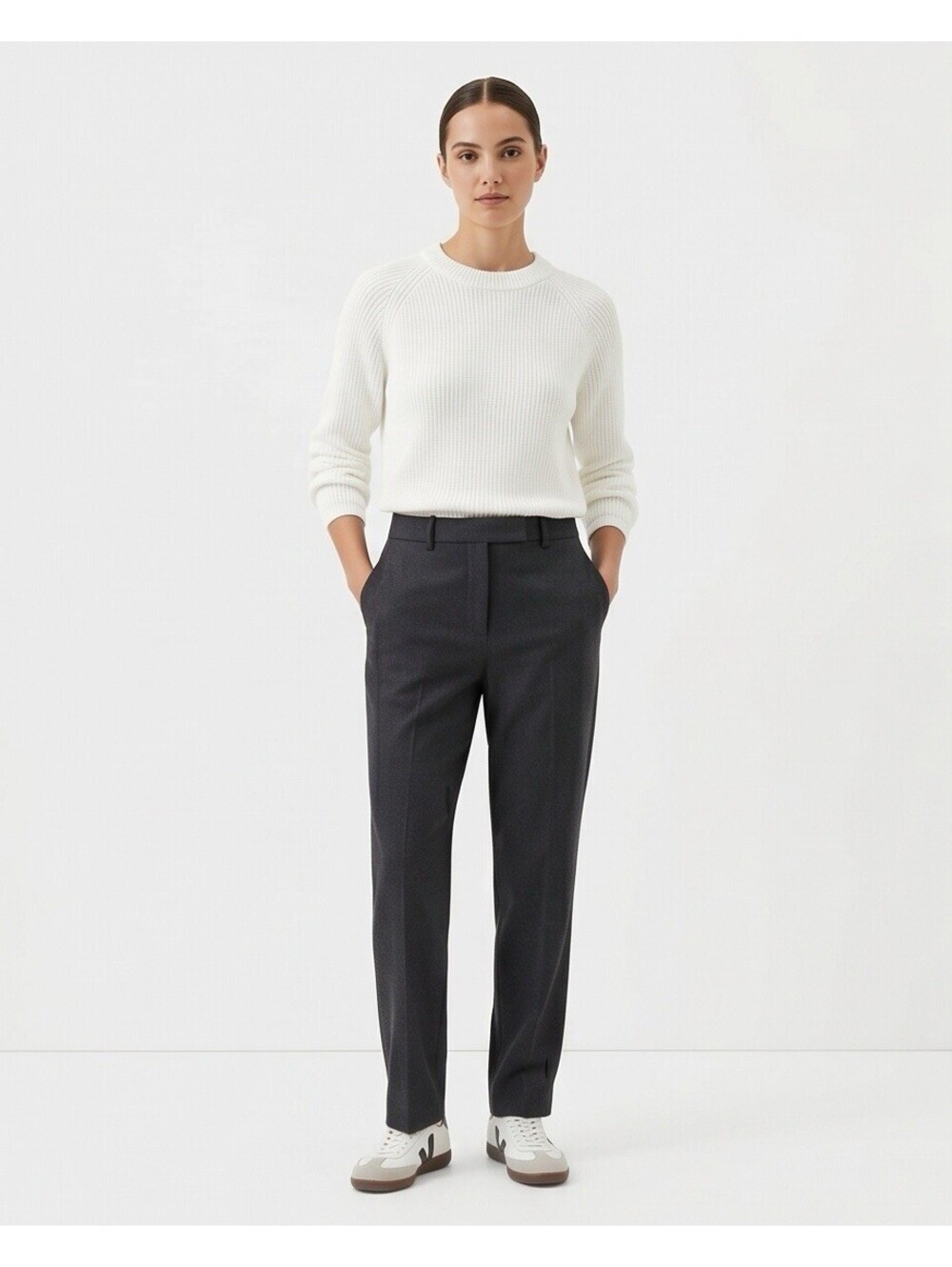 Tahari White Ribbed Knit Sweater Women’s Crew Neck Long Sleeve Size M